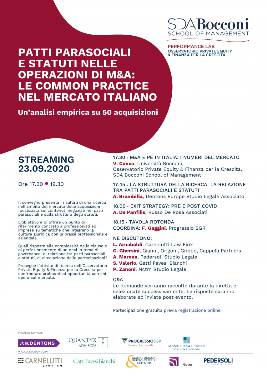 Andrea De Panfilis speaker at "Patti parasociali e statuti nelle operazioni di M&A: le common practice nel mercato italiano" organized by SDA Bocconi