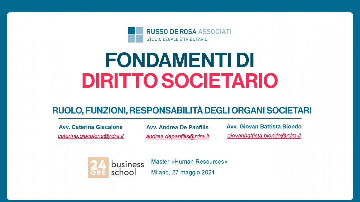 Andrea De Panfilis, Caterina Giacalone and Giovan Battista Biondo lecturers in the sessions dedicated to corporate law of 24ORE Business School Master "Human Resources”