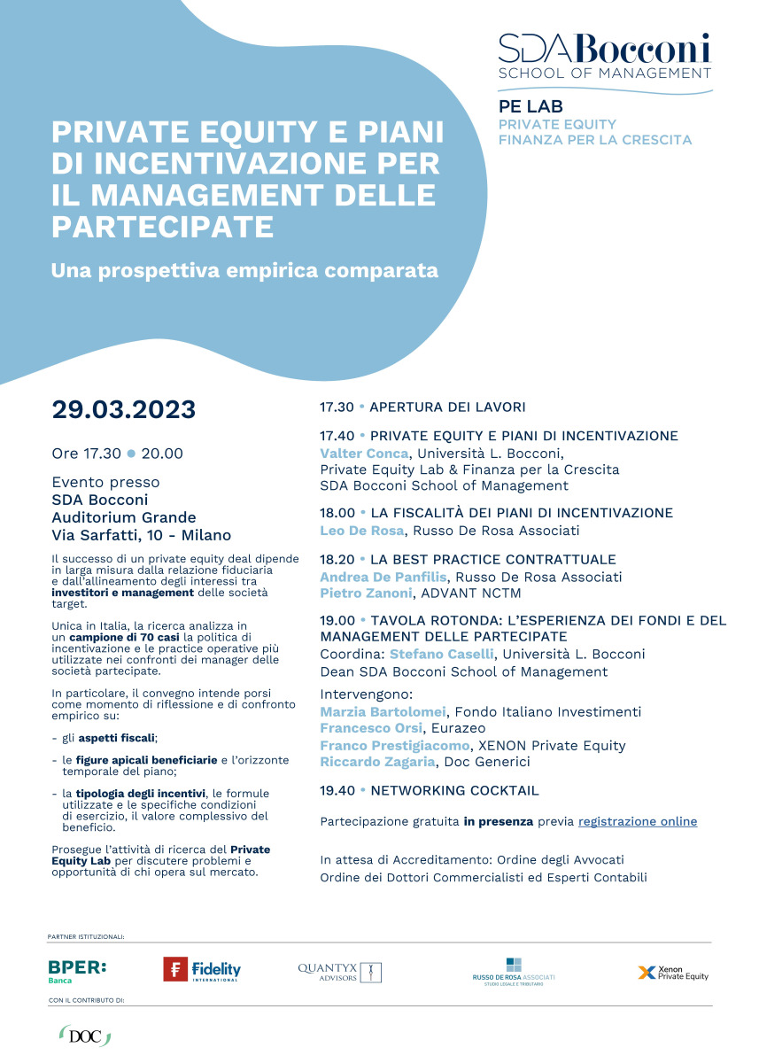 Leo De Rosa and Andrea De Panfilis will be among the speakers at the "Private Equity e piani di incentivazione per il management delle partecipate" meeting organized by SDA Bocconi