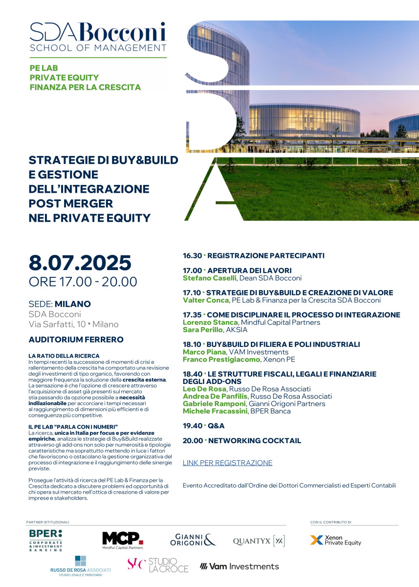 Convegno SDABocconi in materia di strategie di buy and build e gestione dell'integrazione post merger nel privat equity