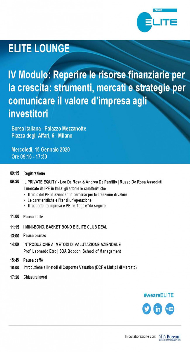Leo De Rosa e Andrea De Panfilis relatori per Elite Lounge "Reperire le risorse finanziarie per la crescita: strumenti, mercati e strategie per comunicare il valore d'impresa agli investitori"
