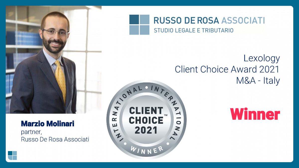 Marzio Molinari nominee by Lexology exclusive winner at Client Choice Award 2021 in the M&A Italy category